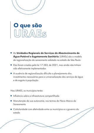 O que são
• As Unidades Regionais de Serviços de Abastecimento de
Água Potável e Esgotamento Sanitário (URAEs) são o modelo
de regionalização do saneamento adotado no estado de São Paulo
• Elas foram criadas pela lei 17.383, de 2021, mas ainda não tinham
sido efetivamente implementadas
• A ausência de regionalização dificulta o planejamento dos
investimentos necessários para a universalização dos serviços de água
e de esgoto à população
Nas URAES, os municípios terão:
• Influência sobre a infraestrutura compartilhada
• Manutenção da sua autonomia, nos termos do Novo Marco do
Saneamento
• Cotitularidade com efetividade entre os municípios e o governo do
estado
 