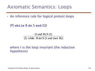 Copyright © 2012 Addison-Wesley. All rights reserved. 1-52
Axiomatic Semantics: Loops
• An inference rule for logical pret...