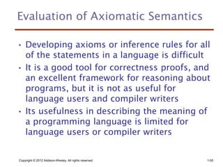 Copyright © 2012 Addison-Wesley. All rights reserved. 1-55
Evaluation of Axiomatic Semantics
• Developing axioms or infere...