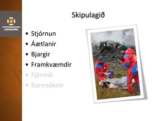 Skipulagið
• Stjórnun
• Áætlanir
• Bjargir
• Framkvæmdir
• Fjármál
• Rannsóknir
 