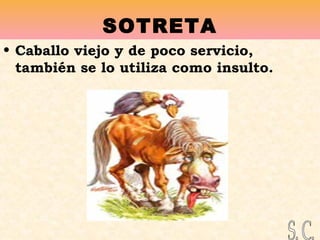 SOTRETA
• Caballo viejo y de poco servicio,
también se lo utiliza como insulto.
 