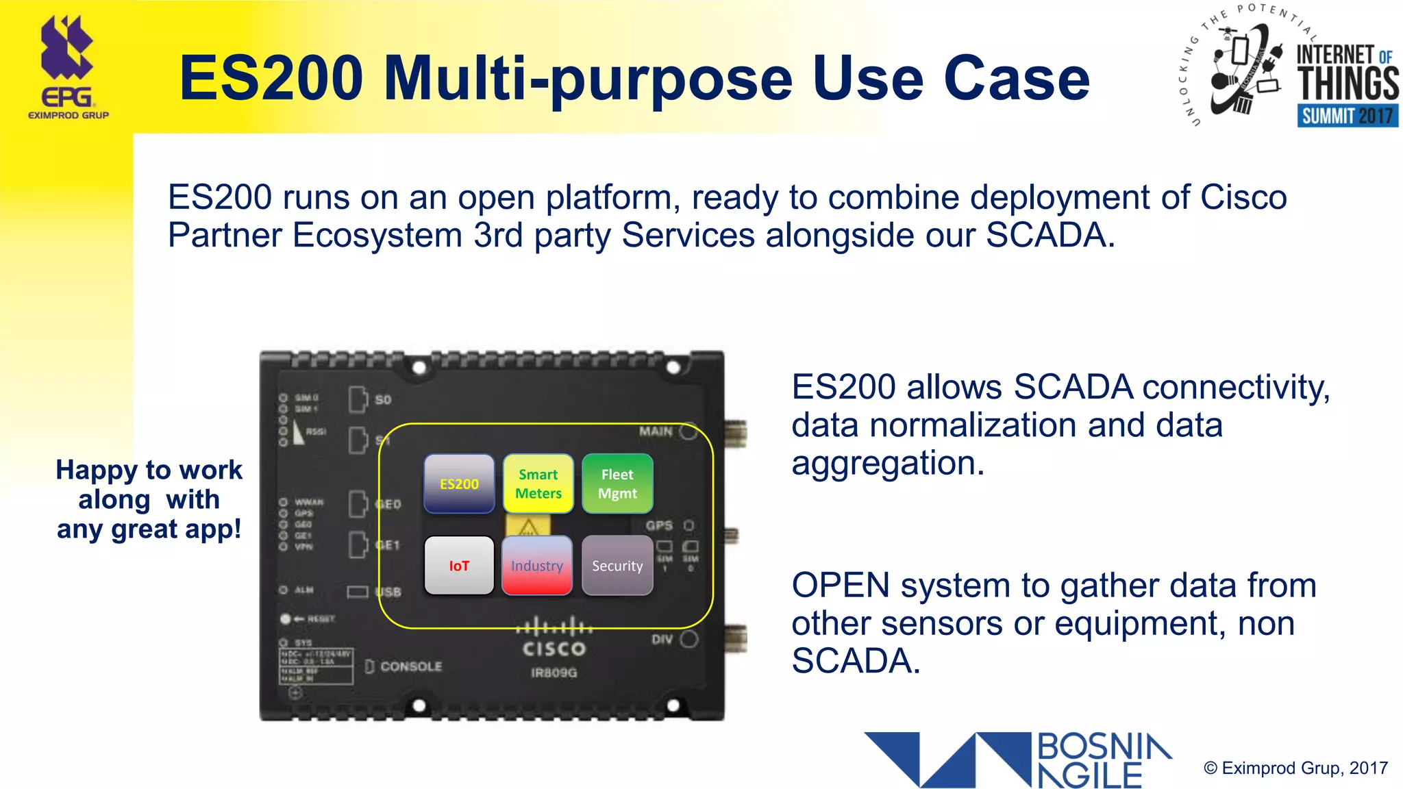 © Eximprod Grup, 201719
ES200 Multi-purpose Use Case
ES200 runs on an open platform, ready to combine deployment of Cisco
Partner Ecosystem 3rd party Services alongside our SCADA.
ES200 allows SCADA connectivity,
data normalization and data
aggregation.
OPEN system to gather data from
other sensors or equipment, non
SCADA.
Happy to work
along with
any great app!
ES200
Smart
Meters
IoT
Fleet
Mgmt
Industry Security
 
