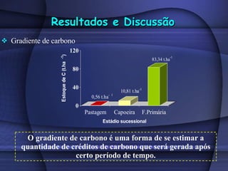 Resultados e Discussão Gradiente de carbono O gradiente de carbono é uma forma de se estimar a quantidade de créditos de carbono que será gerada após certo período de tempo. 