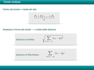 Cluster analysis
distanza euclidea
s X
i=1,...,n
(xi yi)2
Centro del cluster = media dei dati
distanza di Manhattan
X
i=1,...,n
|xi yi|
P1 + P2 + ... + Pn
n
Ampiezza e forma del cluster —> scelta della distanza
 