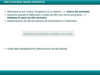 TDA E NATURAL IMAGE STATISTICS
• deﬁnizione di una “norma” (lunghezza di un vettore) —> misura del contrasto
• selezione casuale di 5000 patch e scelta del 20% con norma più grande —>
database di patch ad alto contrasto
• trasformazione dei dati per passare da 9 dimensioni a 7 dimensioni
i dati sono concentrati su una sfera o su un toro
• studio della topologia/forma della porzione ad alta densità
 