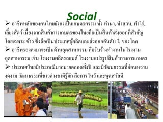 Socialอาชีพหลักของคนไทยยังคงเป็นเกษตรกรรม ทั้ง ทํานา, ทําสวน, ทําไร่,
เลี้ยงสัตว์เนื่องจากสินค้าการเกษตรของไทยถือเป็นสินค้าส่งออกที่สําคัญ
โดยเฉพาะ ข้าว ซึ่งถือเป็นประเทศผู้ผลิตและส่งออกอันดับ 1 ของโลก
อาชีพรองลงมาจะเป็นด้านอุตสาหกรรม คือรับจ้างทํางานในโรงงาน
อุตสาหกรรม เช่น โรงงานผลิตรถยนต์โรงงานแปรรูปสินค้าทางการเกษตร
ประเทศไทยมีประเพณีมากมายตลอดทั้งปี และมีวัฒนธรรมที่อ่อนหวาน
งดงาม วัฒนธรรมที่ชาวต่างชาติรู้จัก คือการไหว้และพูดสวัสดี
 