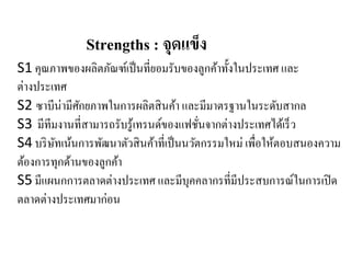 Strengths : จุดแข็ง
S1 คุณภาพของผลิตภัณฑ์เป็นที่ยอมรับของลูกค้าทั้งในประเทศ และ
ต่างประเทศ
S2 ซาบีน่ามีศักยภาพในการผลิตสินค้า และมีมาตรฐานในระดับสากล
S3 มีทีมงานที่สามารถรับรู้เทรนด์ของแฟชั่นจากต่างประเทศได้เร็ว
S4 บริษัทเน้นการพัฒนาตัวสินค้าที่เป็นนวัตกรรมใหม่ เพื่อให้ตอบสนองความ
ต้องการทุกด้านของลูกค้า
S5 มีแผนกการตลาดต่างประเทศ และมีบุคคลากรที่มีประสบการณ์ในการเปิด
ตลาดต่างประเทศมาก่อน
 