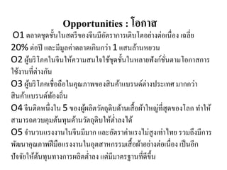 Opportunities : โอกาส
O1 ตลาดชุดชั้นในสตรีของจีนมีอัตราการเติบโตอย่างต่อเนื่อง เฉลี่ย
20% ต่อปี และมีมูลค่าตลาดเกินกว่า 1 แสนล้านหยวน
O2 ผู้บริโภคในจีนให้ความสนใจใช้ชุดชั้นในหลายฟังก์ชั่นตามโอกาสการ
ใช้งานที่ต่างกัน
O3 ผู้บริโภคเชื่อถือในคุณภาพของสินค้าแบรนด์ต่างประเทศ มากกว่า
สินค้าแบรนด์ท้องถิ่น
O4 จีนติดหนึ่งใน 5 ของผู้ผลิตวัตถุดิบด้านเสื้อผ้าใหญ่ที่สุดของโลก ทําให้
สามารถควบคุมต้นทุนด้านวัตถุดิบให้ตํ่าลงได้
O5 จํานวนแรงงานในจีนมีมาก และอัตราค่าแรงไม่สูงเท่าไทย รวมถึงมีการ
พัฒนาคุณภาพฝีมือแรงงานในอุตสาหกรรมเสื้อผ้าอย่างต่อเนื่อง เป็นอีก
ปัจจัยให้ต้นทุนทางการผลิตตํ่าลง แต่มีมาตรฐานที่ดีขึ้น
 