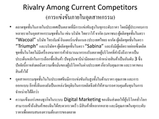 Rivalry Among Current Competitors
(การแข่งขันภายในอุตสาหกรรม)
• ตลาดชุดชั้นในภายในประเทศเป็นตลาดที่มีการแข่งขันสูงในทุกระดับราคา โดยมีผู้ประกอบการ
หลายรายในอุตสาหกรรมชุดชั้นใน เช่น บริษัท ไทยวาโก้จากัด (มหาชน) ผู้ผลิตชุดชั้นในตรา
“Wacoal” บริษัท ไทรอัมพ์อินเตอร์เนชั่นแนล (ประเทศไทย) จากัด ผู้ผลิตชุดชั้นในตรา
“Triumph” และบริษัทฯ ผู้ผลิตชุดชั้นในตรา “Sabina” และยังมีผู้ผลิตรายย่อยซึ่งผลิต
ชุดชั้นในโดยไม่มีเครื่องหมายการค้าจํานวนมากรองรับตลาดผู้บริโภคที่คํานึงถึงราคาเป็น
ประเด็นหลักในการเลือกซื้อสินค้า ปัจจุบันซาบีน่ามียอดการจําหน่ายสินค้าเป็นอันดับ 3 ซึ่ง
ปัจจัยนี้อาจส่งผลถึงความเชื่อมั่นของผู้บริโภคในต่างประเทศ เกี่ยวกับคุณภาพ และราคาของ
สินค้าได้
• อุตสาหกรรมชุดชั้นในในประเทศจีนมีการแข่งขันกันสูงทั้งในด้านราคา คุณภาพ และการ
ออกแบบ อีกทั้งจีนเองยังเป็นแหล่งวัตถุดิบในการผลิตจึงทําให้สามารถควบคุมต้นทุนในการ
จําหน่ายได้ดีกว่า
• ความแข็งแกร่งของธุรกิจในระบบ Digital Marketing ของจีนส่งผลให้ผู้บริโภคทั่วโลก
สามารถเข้าถึงสินค้าของจีนได้สะดวกรวดเร็ว มีสินค้าที่หลากหลาย และมีคุณภาพในทุกระดับ
ราคาเพื่อตอบสนองความต้องการของตลาด
 