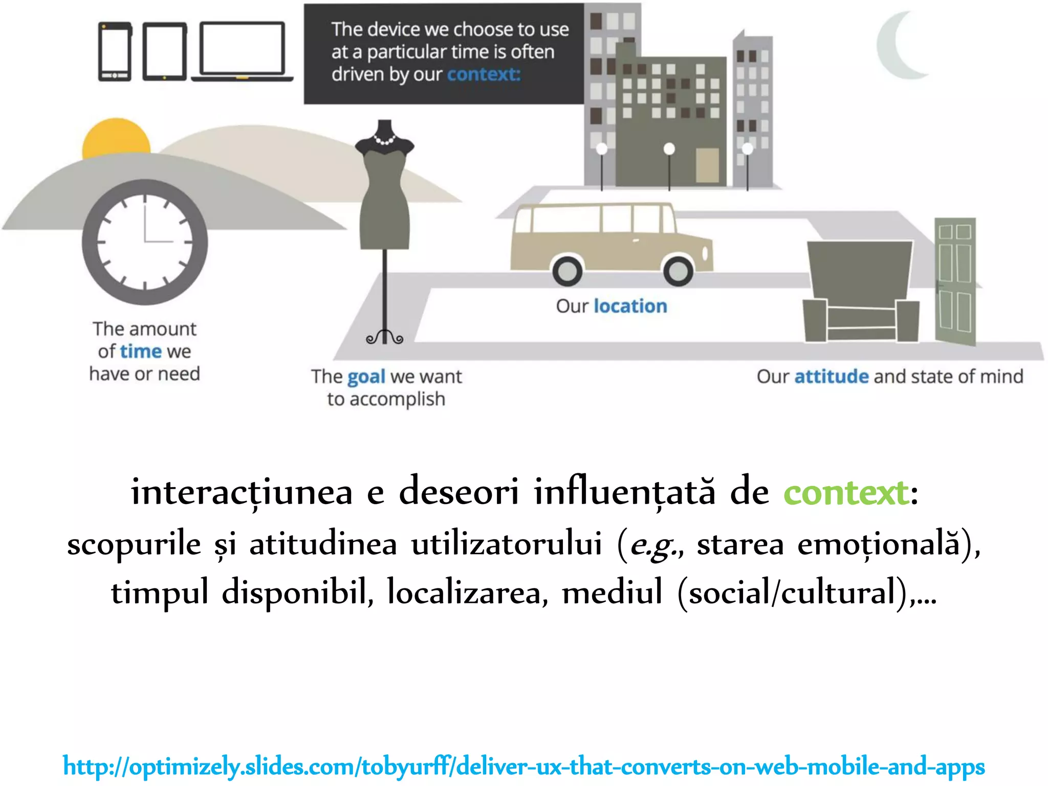 Dr.Sabin-CorneliuBuraga–www.purl.org/net/busaco
interacțiunea e deseori influențată de context:
scopurile și atitudinea utilizatorului (e.g., starea emoțională),
timpul disponibil, localizarea, mediul (social/cultural),…
http://optimizely.slides.com/tobyurff/deliver-ux-that-converts-on-web-mobile-and-apps
 
