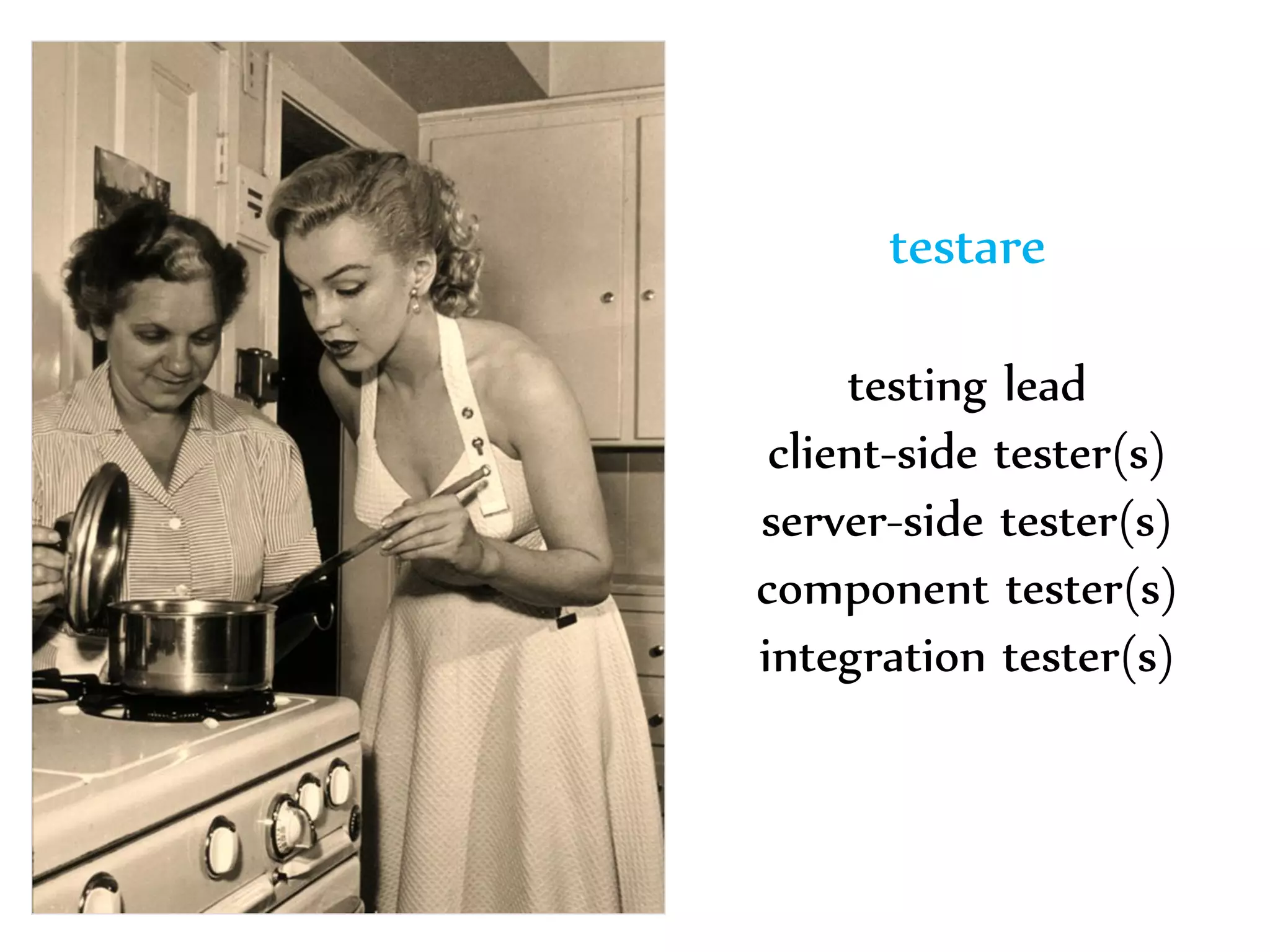 Dr. Sabin-Corneliu Buraga – www.purl.org/net/busaco 
testare 
testing lead 
client-side tester(s) 
server-side tester(s) 
component tester(s) 
integration tester(s) 
 