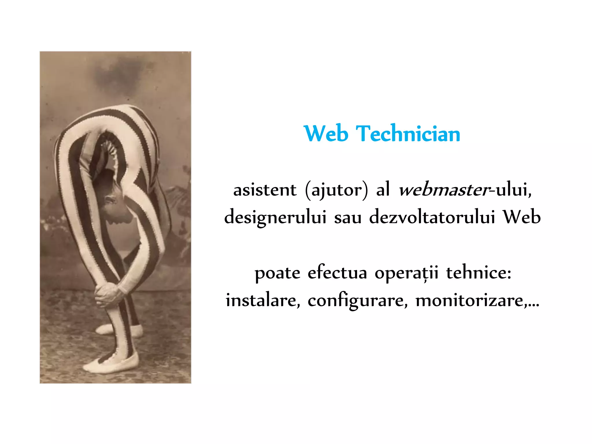Dr. Sabin-Corneliu Buraga – www.purl.org/net/busaco 
Web Technician 
asistent (ajutor) al webmaster-ului, 
designerului sau dezvoltatorului Web 
poate efectua operații tehnice: 
instalare, configurare, monitorizare,… 
 
