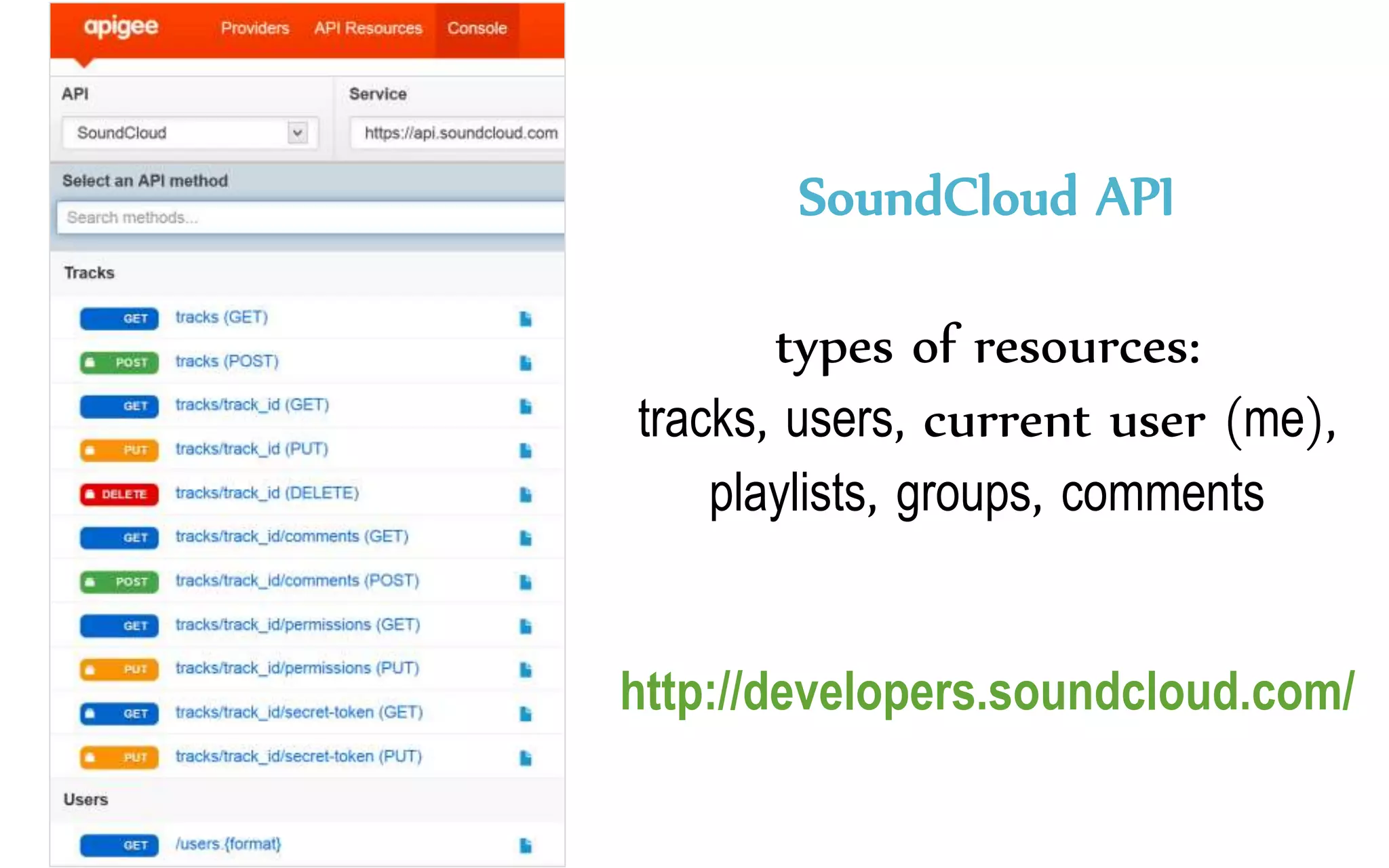 SoundCloud API
types of resources:
tracks, users, current user (me),
playlists, groups, comments
http://developers.soundcloud.com/
 