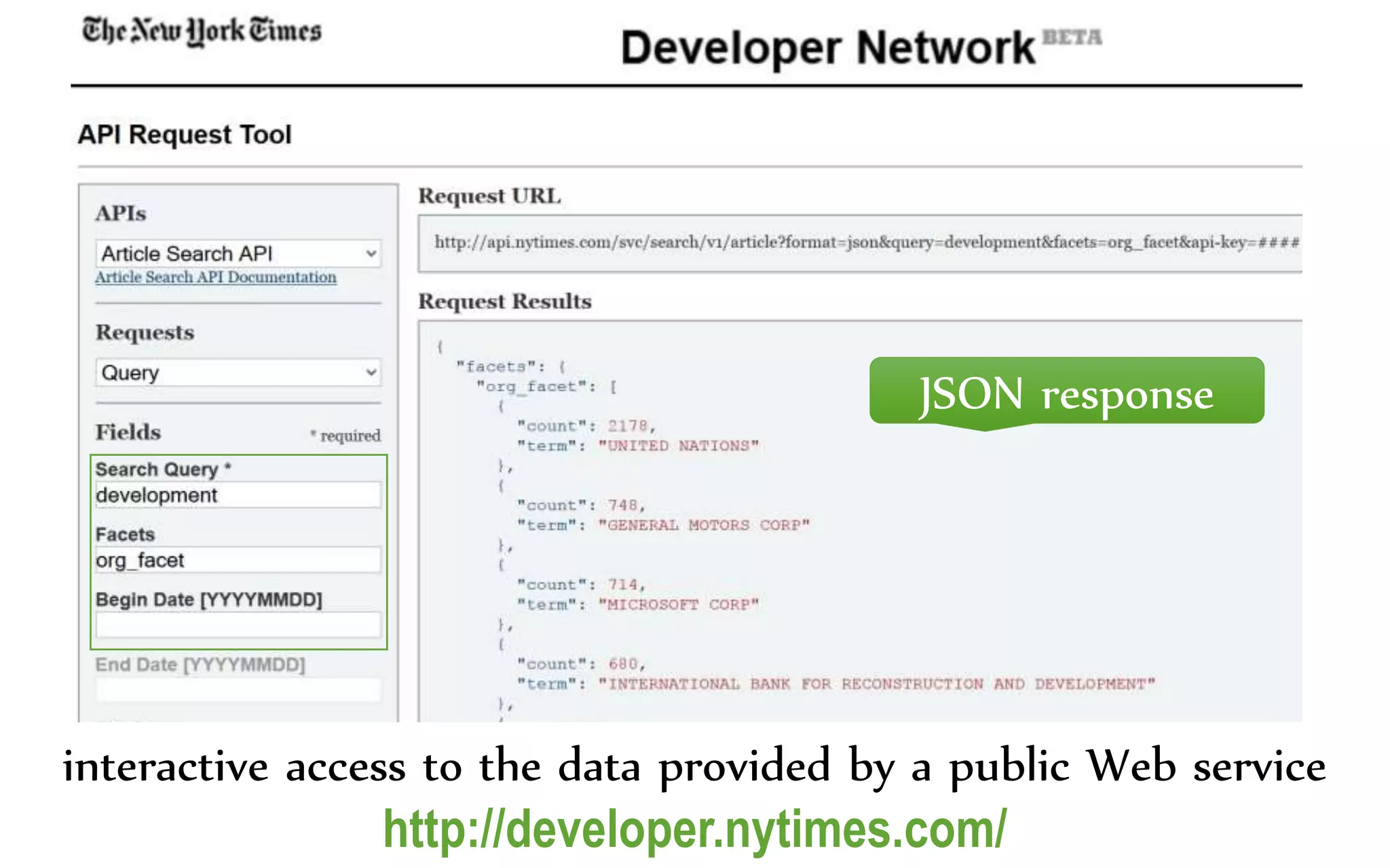 interactive access to the data provided by a public Web service
http://developer.nytimes.com/
JSON response
 
