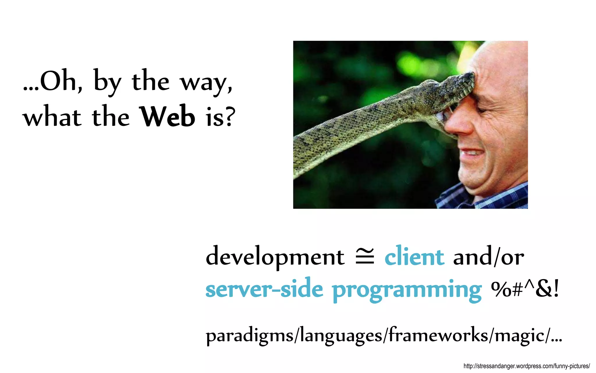 …Oh, by the way,
what the Web is?
development ≅ client and/or
server-side programming %#^&!
paradigms/languages/frameworks/magic/…
http://stressandanger.wordpress.com/funny-pictures/
 