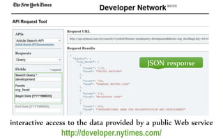 interactive access to the data provided by a public Web service
http://developer.nytimes.com/
JSON response
 