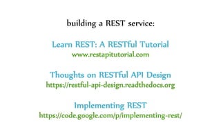 building a REST service:
Learn REST: A RESTful Tutorial
www.restapitutorial.com
Thoughts on RESTful API Design
https://restful-api-design.readthedocs.org
Implementing REST
https://code.google.com/p/implementing-rest/
 