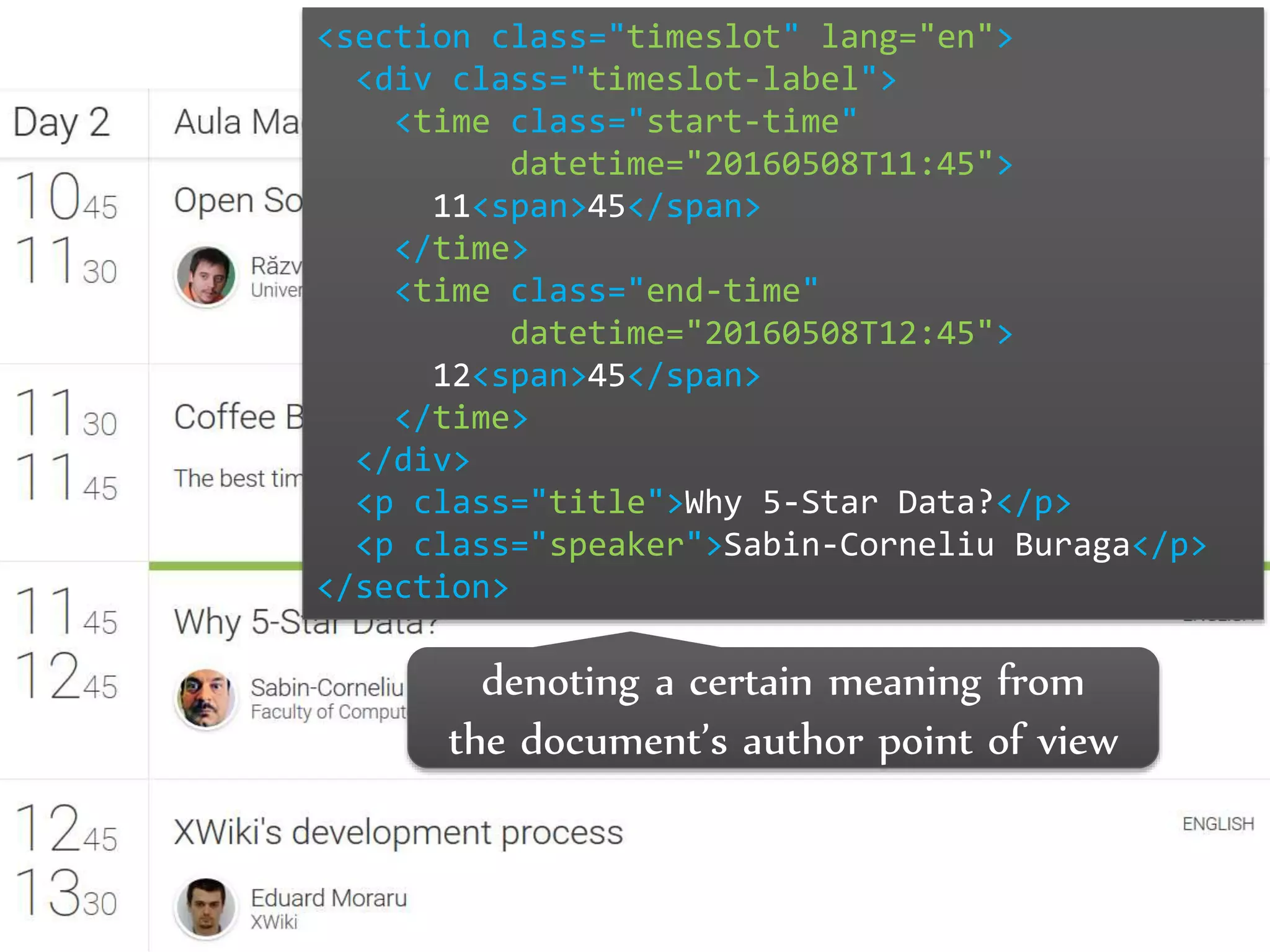 Dr.Sabin-CorneliuBuraga–http://profs.info.uaic.ro/~busaco/
<section class="timeslot" lang="en">
<div class="timeslot-label">
<time class="start-time"
datetime="20160508T11:45">
11<span>45</span>
</time>
<time class="end-time"
datetime="20160508T12:45">
12<span>45</span>
</time>
</div>
<p class="title">Why 5-Star Data?</p>
<p class="speaker">Sabin-Corneliu Buraga</p>
</section>
denoting a certain meaning from
the document’s author point of view
 