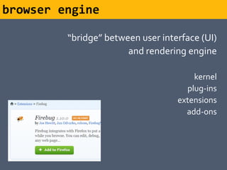 browser engine

         “bridge” between user interface (UI)
                       and rendering engine

                                       kernel
                                     plug-ins
                                   extensions
                                     add-ons
 