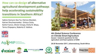 How can co-design of alternative
agricultural development pathways
help accelerating sustainability
transitions in Southern Africa?
Sabine Homann-Kee Tui, Patricia Masikati,
Katrien Descheemaeker, Givious Sisito,
Buhle Francis, Olivier Crespo, Elisha N. Moyo,
Tariro Chipepera, Roberto O. Valdivia
4th Global Science Conference
on Climate Smart Agriculture
Issues / research questions for the
agriculture and food systems of 2050
28-30 November 2017, Johannesburg, South Africa
 
