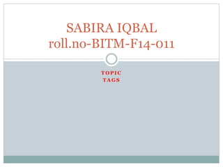 T O P I C
T A G S
SABIRA IQBAL
roll.no-BITM-F14-011
 