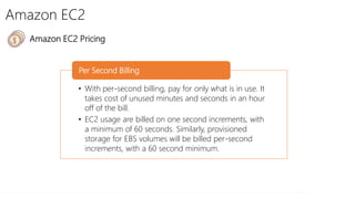 Amazon EC2
• With per-second billing, pay for only what is in use. It
takes cost of unused minutes and seconds in an hour
off of the bill.
• EC2 usage are billed on one second increments, with
a minimum of 60 seconds. Similarly, provisioned
storage for EBS volumes will be billed per-second
increments, with a 60 second minimum.
Per Second Billing
• Amazon EC2 Pricing
 