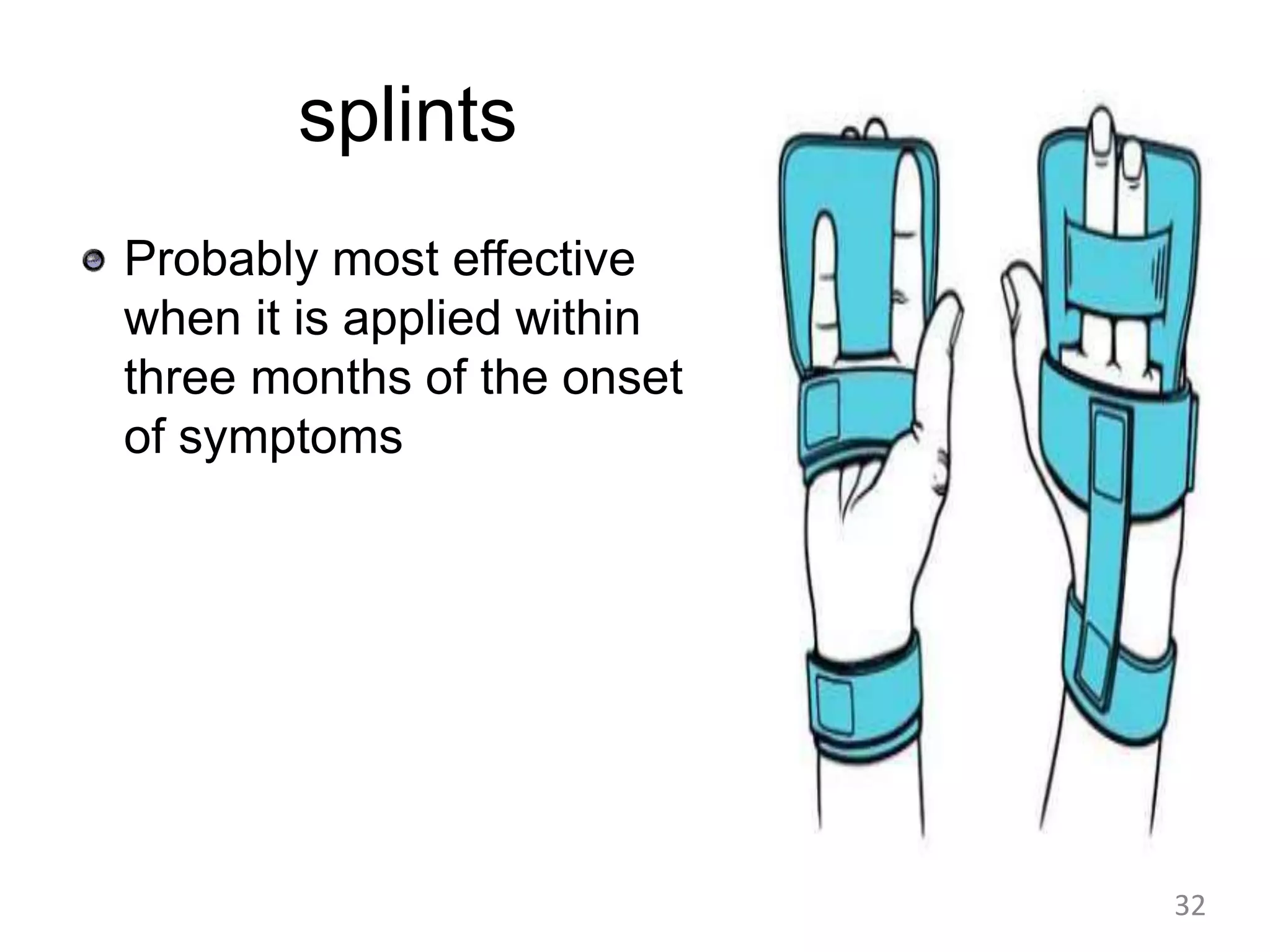 splints
Probably most effective
when it is applied within
three months of the onset
of symptoms
32
 