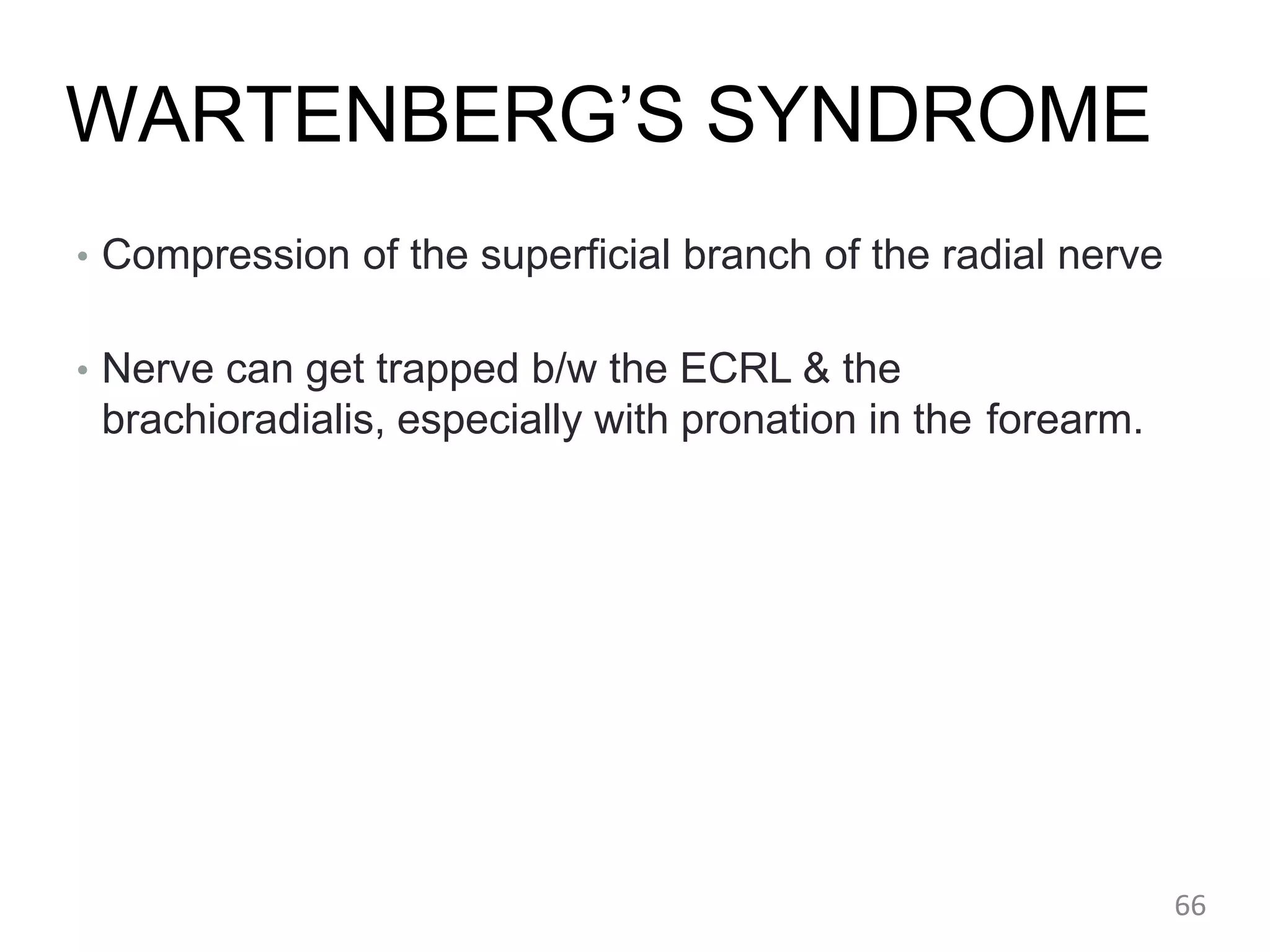 WARTENBERG’S SYNDROME
• Compression of the superficial branch of the radial nerve
• Nerve can get trapped b/w the ECRL & the
brachioradialis, especially with pronation in the forearm.
66
 