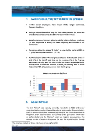 Project Management National Conference 2011                                           PMI India




                       4     Awareness is very low in both the groups:

                       •   IT/ITES sector employees have longer shifts, longer commutes,
                           frequent deadlines.


                       •   Though empirical evidence may not have been gathered yet, sufficient
                           anecdotal evidence exists about the “D factor” in their lives.


                       •   Vocally expressed concern about work-life balance being a challenge
                           (at best, nightmare at worst) has been frequently encountered in our
                           workshops.


                       •   Awareness about the stress “D factor” is only slightly higher at 33% in
                           IT group as compared to Non-IT (29.2%).


                       •   Further analysis of the “Aware” groups showed that only 27% of the IT
                           and 30% of the Non-IT took time out for exercise.24% of the IT-group
                           expressed that they were too busy to take out time for any stress buster
                           activity such as exercise, hobbies or even just chilling. This is much
                           higher than 10% of such responses from Non-It group




                       5     About Stress:

                       The term "Stress", was originally coined by Hans Selye in 1936 3 and is now
                       understood as the reaction triggered by external factors called Stressors (action,
                       event or situation) that place excessive psychological and physical demands on
                       the person. Selye classified stress as “Eustress” or the good stress which helps
                       us perform better and the “Distress” which has negative consequences. The
                       primary function of stress is to prepare the body for physical activity through
3
    The American Institute of Stress-http://www.stress.org/hans.htm
7|P a g e
    Application of Select Tools of Psychology for Effective Project Management
 