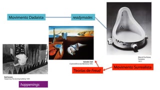 Movimento Dadaísta                       readymades




                                                                                                            Marcel Duchamp
                                                                                                            Fontaine
                                                                    Salvador	
  Dali	
  	
                  1917
                                        A	
  persistência	
  da	
  Memória	
  1931	
  

                                                                                               Movimento Surrealista
                                                 Teorias de Freud
Red Grooms
Happening “the burning building” 1959



                       happenings
 
