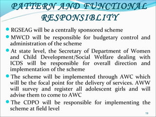 PATTERN AND FUNCTIONAL
       RESPONSIBLITY
RGSEAG will be a centrally sponsored scheme
MWCD will be responsible for budgetary control and
 administration of the scheme
At state level, the Secretary of Department of Women
 and Child Development/Social Welfare dealing with
 ICDS will be responsible for overall direction and
 implementation of the scheme
The scheme will be implemented through AWC which
 will be the focal point for the delivery of services. AWW
 will survey and register all adolescent girls and will
 advise them to come to AWC
The CDPO will be responsible for implementing the
 scheme at field level
                                                       19
 