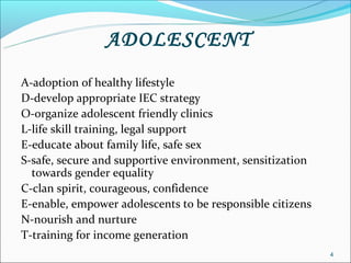 ADOLESCENT
A-adoption of healthy lifestyle
D-develop appropriate IEC strategy
O-organize adolescent friendly clinics
L-life skill training, legal support
E-educate about family life, safe sex
S-safe, secure and supportive environment, sensitization
  towards gender equality
C-clan spirit, courageous, confidence
E-enable, empower adolescents to be responsible citizens
N-nourish and nurture
T-training for income generation
                                                           4
 