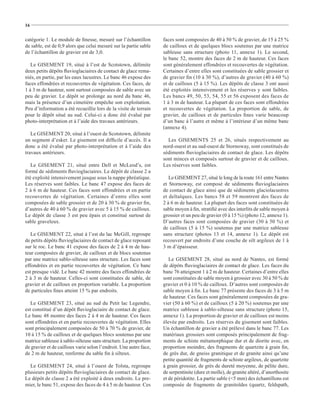 16


catégorie 1. Le module de ﬁnesse, mesuré sur l’échantillon         faces sont composées de 40 à 50 % de gravier, de 15 à 25 %
de sable, est de 0,9 alors que celui mesuré sur la partie sable    de cailloux et de quelques blocs soutenus par une matrice
de l’échantillon de gravier est de 3,0.                            sableuse sans structure (photo 11, annexe 1). Le second,
                                                                   le banc 52, montre des faces de 2 m de hauteur. Ces faces
   Le GISEMENT 19, situé à l’est de Scotstown, délimite            sont généralement effondrées et recouvertes de végétation.
deux petits dépôts ﬂuvioglaciaires de contact de glace rema-       Certaines d’entre elles sont constituées de sable grossier et
niés, en partie, par les eaux lacustres. Le banc 46 expose des     de gravier ﬁn (10 à 30 %), d’autres de gravier (40 à 60 %)
faces effondrées et recouvertes de végétation. Ces faces, de       et de cailloux (5 à 15 %). Les dépôts de classe 3 ont aussi
1 à 3 m de hauteur, sont surtout composées de sable avec un        été exploités intensivement et les réserves y sont faibles.
peu de gravier. Le dépôt se prolonge au nord du banc 46,           Les bancs 49, 50, 53, 54, 55 et 56 exposent des faces de
mais la présence d’un cimetière empêche son exploitation.          1 à 3 m de hauteur. La plupart de ces faces sont effondrées
Peu d’information a été recueillie lors de la visite de terrain    et recouvertes de végétation. La proportion de sable, de
pour le dépôt situé au sud. Celui-ci a donc été évalué par         gravier, de cailloux et de particules ﬁnes varie beaucoup
photo-interprétation et à l’aide des travaux antérieurs.           d’un banc à l’autre et même à l’intérieur d’un même banc
                                                                   (annexe 4).
   Le GISEMENT 20, situé à l’ouest de Scotstown, délimite
un segment d’esker. Le gisement est difﬁcile d’accès. Il a           Les GISEMENTS 25 et 26, situés respectivement au
donc a été évalué par photo-interprétation et à l’aide des         nord-ouest et au sud-ouest de Stornoway, sont constitués de
travaux antérieurs.                                                sédiments ﬂuvioglaciaires de contact de glace. Les dépôts
                                                                   sont minces et composés surtout de gravier et de cailloux.
   Le GISEMENT 21, situé entre Dell et McLeod’s, est               Les réserves sont faibles.
formé de sédiments ﬂuvioglaciaires. Le dépôt de classe 2 a
été exploité intensivement jusque sous la nappe phréatique.           Le GISEMENT 27, situé le long de la route 161 entre Nantes
Les réserves sont faibles. Le banc 47 expose des faces de          et Stornoway, est composé de sédiments ﬂuvioglaciaires
2 à 6 m de hauteur. Ces faces sont effondrées et en partie         de contact de glace ainsi que de sédiments glaciolacustres
recouvertes de végétation. Certaines d’entre elles sont            et deltaïques. Les bancs 58 et 59 montrent des faces de
composées de sable grossier et de 20 à 30 % de gravier ﬁn,         2 à 6 m de hauteur. La plupart des faces sont constituées de
d’autres de 40 à 60 % de gravier avec 5 à 15 % de cailloux.        sable moyen à ﬁn, stratiﬁé avec des interlits de sable moyen à
Le dépôt de classe 3 est peu épais et constitué surtout de         grossier et un peu de gravier (0 à 15 %) (photo 12, annexe 1).
sable graveleux.                                                   D’autres faces sont composées de gravier (30 à 50 %) et
                                                                   de cailloux (5 à 15 %) soutenus par une matrice sableuse
   Le GISEMENT 22, situé à l’est du lac McGill, regroupe           sans structure (photos 13 et 14, annexe 1). Le dépôt est
de petits dépôts ﬂuvioglaciaires de contact de glace reposant      recouvert par endroits d’une couche de silt argileux de 1 à
sur le roc. Le banc 41 expose des faces de 2 à 4 m de hau-         3 m d’épaisseur.
teur composées de gravier, de cailloux et de blocs soutenus
par une matrice sablo-silteuse sans structure. Les faces sont         Le GISEMENT 28, situé au nord de Nantes, est formé
effondrées et en partie recouvertes de végétation. Ce banc         de dépôts ﬂuvioglaciaires de contact de glace. Les faces du
est presque vidé. Le banc 42 montre des faces effondrées de        banc 76 atteignent 1 à 2 m de hauteur. Certaines d’entre elles
2 à 3 m de hauteur. Celles-ci sont constituées de sable, de        sont constituées de sable moyen à grossier avec 30 à 50 % de
gravier et de cailloux en proportion variable. La proportion       gravier et 0 à 10 % de cailloux. D’autres sont composées de
de particules ﬁnes atteint 15 % par endroits.                      sable moyen à ﬁn. Le banc 77 présente des faces de 3 à 5 m
                                                                   de hauteur. Ces faces sont généralement composées de gra-
   Le GISEMENT 23, situé au sud du Petit lac Legendre,             vier (50 à 60 %) et de cailloux (5 à 20 %) soutenus par une
est constitué d’un dépôt ﬂuvioglaciaire de contact de glace.       matrice sableuse à sablo-silteuse sans structure (photo 15,
Le banc 48 montre des faces 2 à 4 m de hauteur. Ces faces          annexe 1). La proportion de gravier et de cailloux est moins
sont effondrées et en partie recouvertes de végétation. Elles      élevée par endroits. Les réserves du gisement sont faibles.
sont principalement composées de 50 à 70 % de gravier, de          Un échantillon de gravier a été prélevé dans le banc 77. Les
10 à 15 % de cailloux et de quelques blocs soutenus par une        matériaux grossiers sont composés principalement de frag-
matrice sableuse à sablo-silteuse sans structure. La proportion    ments de schiste métamorphique dur et de diorite avec, en
de gravier et de cailloux varie selon l’endroit. Une autre face,   proportion moindre, des fragments de quartzite à grain ﬁn,
de 2 m de hauteur, renferme du sable ﬁn à silteux.                 de grès dur, de gneiss granitique et de granite ainsi qu’une
                                                                   petite quantité de fragments de schiste argileux, de quartzite
  Le GISEMENT 24, situé à l’ouest de Tolsta, regroupe              à grain grossier, de grès de dureté moyenne, de pélite dure,
plusieurs petits dépôts ﬂuvioglaciaires de contact de glace.       de serpentinite (dure et molle), de granite altéré, d’anorthosite
Le dépôt de classe 2 a été exploité à deux endroits. Le pre-       et de péridotite. La partie sable (<5 mm) des échantillons est
mier, le banc 51, expose des faces de 4 à 5 m de hauteur. Ces      composée de fragments de granitoïdes (quartz, feldspath,
 