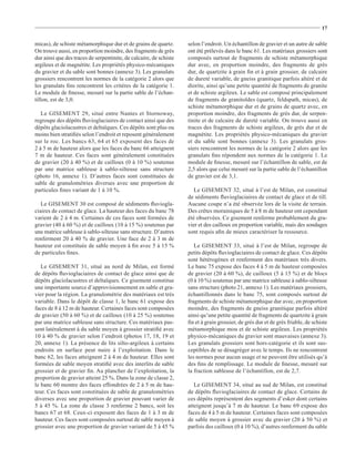 17


micas), de schiste métamorphique dur et de grains de quartz.        selon l’endroit. Un échantillon de gravier et un autre de sable
On trouve aussi, en proportion moindre, des fragments de grès       ont été prélevés dans le banc 61. Les matériaux grossiers sont
dur ainsi que des traces de serpentinite, de calcaire, de schiste   composés surtout de fragments de schiste métamorphique
argileux et de magnétite. Les propriétés physico-mécaniques         dur avec, en proportion moindre, des fragments de grès
du gravier et du sable sont bonnes (annexe 3). Les granulats        dur, de quartzite à grain ﬁn et à grain grossier, de calcaire
grossiers rencontrent les normes de la catégorie 2 alors que        de dureté variable, de gneiss granitique parfois altéré et de
les granulats ﬁns rencontrent les critères de la catégorie 1.       diorite, ainsi qu’une petite quantité de fragments de granite
Le module de ﬁnesse, mesuré sur la partie sable de l’échan-         et de schiste argileux. Le sable est composé principalement
tillon, est de 3,0.                                                 de fragments de granitoïdes (quartz, feldspath, micas), de
                                                                    schiste métamorphique dur et de grains de quartz avec, en
   Le GISEMENT 29, situé entre Nantes et Stornoway,                 proportion moindre, des fragments de grès dur, de serpen-
regroupe des dépôts ﬂuvioglaciaires de contact ainsi que des        tinite et de calcaire de dureté variable. On trouve aussi en
dépôts glaciolacustres et deltaïques. Ces dépôts sont plus ou       traces des fragments de schiste argileux, de grès dur et de
moins bien stratiﬁés selon l’endroit et reposent généralement       magnétite. Les propriétés physico-mécaniques du gravier
sur le roc. Les bancs 63, 64 et 65 exposent des faces de            et du sable sont bonnes (annexe 3). Les granulats gros-
2 à 5 m de hauteur alors que les faces du banc 66 atteignent        siers rencontrent les normes de la catégorie 2 alors que les
7 m de hauteur. Ces faces sont généralement constituées             granulats ﬁns répondent aux normes de la catégorie 1. Le
de gravier (20 à 40 %) et de cailloux (0 à 10 %) soutenus           module de ﬁnesse, mesuré sur l’échantillon de sable, est de
par une matrice sableuse à sablo-silteuse sans structure            2,5 alors que celui mesuré sur la partie sable de l’échantillon
(photo 16, annexe 1). D’autres faces sont constituées de            de gravier est de 3,1.
sable de granulométries diverses avec une proportion de
particules ﬁnes variant de 1 à 10 %.                                   Le GISEMENT 32, situé à l’est de Milan, est constitué
                                                                    de sédiments ﬂuvioglaciaires de contact de glace et de till.
   Le GISEMENT 30 est composé de sédiments ﬂuviogla-                Aucune coupe n’a été observée lors de la visite de terrain.
ciaires de contact de glace. La hauteur des faces du banc 78        Des crêtes morainiques de 5 à 8 m de hauteur ont cependant
varient de 2 à 4 m. Certaines de ces faces sont formées de          été observées. Ce gisement renferme probablement du gra-
gravier (40 à 60 %) et de cailloux (10 à 15 %) soutenus par         vier et des cailloux en proportion variable, mais des sondages
une matrice sableuse à sablo-silteuse sans structure. D’autres      sont requis aﬁn de mieux caractériser la ressource.
renferment 20 à 40 % de gravier. Une face de 2 à 3 m de
hauteur est constituée de sable moyen à ﬁn avec 5 à 15 %               Le GISEMENT 33, situé à l’est de Milan, regroupe de
de particules ﬁnes.                                                 petits dépôts ﬂuvioglaciaires de contact de glace. Ces dépôts
                                                                    sont hétérogènes et renferment des matériaux très divers.
   Le GISEMENT 31, situé au nord de Milan, est formé                Le banc 75 expose des faces 4 à 5 m de hauteur composées
de dépôts ﬂuvioglaciaires de contact de glace ainsi que de          de gravier (20 à 60 %), de cailloux (5 à 15 %) et de blocs
dépôts glaciolacustres et deltaïques. Ce gisement constitue         (0 à 10 %) soutenus par une matrice sableuse à sablo-silteuse
une importante source d’approvisionnement en sable et gra-          sans structure (photo 21, annexe 1). Les matériaux grossiers,
vier pour la région. La granulométrie des matériaux est très        échantillonnés dans le banc 75, sont composés surtout de
variable. Dans le dépôt de classe 1, le banc 61 expose des          fragments de schiste métamorphique dur avec, en proportion
faces de 8 à 12 m de hauteur. Certaines faces sont composées        moindre, des fragments de gneiss granitique parfois altéré
de gravier (50 à 60 %) et de cailloux (10 à 25 %) soutenus          ainsi qu’une petite quantité de fragments de quartzite à grain
par une matrice sableuse sans structure. Ces matériaux pas-         ﬁn et à grain grossier, de grès dur et de grès friable, de schiste
sent latéralement à du sable moyen à grossier stratiﬁé avec         métamorphique mou et de schiste argileux. Les propriétés
10 à 40 % de gravier selon l’endroit (photos 17, 18, 19 et          physico-mécaniques du gravier sont mauvaises (annexe 3).
20, annexe 1). La présence de lits silto-argileux à certains        Les granulats grossiers sont hors-catégorie et ils sont sus-
endroits en surface peut nuire à l’exploitation. Dans le            ceptibles de se désagréger avec le temps. Ils ne rencontrent
banc 62, les faces atteignent 2 à 4 m de hauteur. Elles sont        les normes pour aucun usage et ne peuvent être utilisés qu’à
formées de sable moyen stratiﬁé avec des interlits de sable         des ﬁns de remplissage. Le module de ﬁnesse, mesuré sur
grossier et de gravier ﬁn. Au plancher de l’exploitation, la        la fraction sableuse de l’échantillon, est de 2,7.
proportion de gravier atteint 25 %. Dans la zone de classe 2,
le banc 60 montre des faces effondrées de 2 à 5 m de hau-              Le GISEMENT 34, situé au sud de Milan, est constitué
teur. Ces faces sont constituées de sable de granulométries         de dépôts ﬂuvioglaciaires de contact de glace. Certains de
diverses avec une proportion de gravier pouvant varier de           ces dépôts représentent des segments d’esker dont certains
5 à 45 %. La zone de classe 3 renferme 2 bancs, soit les            atteignent jusqu’à 7 m de hauteur. Le banc 69 expose des
bancs 67 et 68. Ceux-ci exposent des faces de 1 à 3 m de            faces de 4 à 5 m de hauteur. Certaines faces sont composées
hauteur. Ces faces sont composées surtout de sable moyen à          de sable moyen à grossier avec du gravier (20 à 50 %) et
grossier avec une proportion de gravier variant de 5 à 45 %         parfois des cailloux (0 à 10 %), d’autres renferment du sable
 