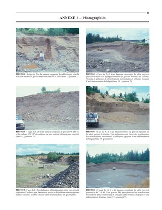 21

                                                      ANNEXE 1 – Photographies




PHOTO 1 - Coupe de 2 m de hauteur composée de sable moyen stratiﬁé                PHOTO 2 - Faces de 3 à 5 m de hauteur constituées de sable moyen à
avec des interlits de gravier totalisant entre 10 et 35 % (banc 1, gisement 1).   grossier stratiﬁé avec quelques interlits de gravier. Présence de cailloux.
                                                                                  On note la présence de stratiﬁcations horizontales et obliques typiques
                                                                                  d’une sédimentation deltaïque (banc 10, gisement 2).




PHOTO 3 - Coupe de 4 à 5 m de hauteur composée de gravier (40 à 60 %)             PHOTO 4 - Face de 4 à 5 m de hauteur formée de gravier reposant sur
et de cailloux (5 à 15 %) soutenus par une matrice sableuse sans structure        du sable moyen à grossier. Les sédiments sont bien triés et présentent
(banc 11, gisement 2).                                                            des stratiﬁcations horizontales et obliques typiques d’une sédimentation
                                                                                  deltaïque (banc 19, gisement 5).




PHOTO 5 - Faces de 4 à 5 m de hauteur effondrées et en partie couvertes de        PHOTO 6 - Coupe de 4 à 6 m de hauteur constituée de sable moyen à
végétation. Ces faces sont formées de gravier et de cailloux soutenus par une     grossier et de 25 à 40 % de gravier. On peut observer les stratiﬁcations
matrice sableuse à sablo-silteuse sans structure (banc 26, gisement 6).           horizontales (lits sommitaux) et obliques (lits frontaux) typiques d’une
                                                                                  sédimentation deltaïque (banc 27, gisement 9).
 