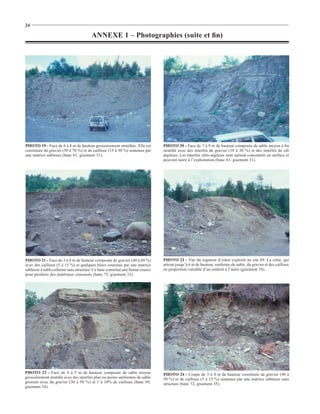 24

                                        ANNEXE 1 – Photographies (suite et ﬁn)




PHOTO 19 - Face de 6 à 8 m de hauteur grossièrement stratiﬁée. Elle est        PHOTO 20 - Face de 7 à 9 m de hauteur composée de sable moyen à ﬁn
constituée de gravier (50 à 70 %) et de cailloux (15 à 30 %) soutenus par      stratiﬁé avec des interlits de gravier (10 à 30 %) et des interlits de silt
une matrice sableuse (banc 61, gisement 31).                                   argileux. Les interlits silto-argileux sont surtout concentrés en surface et
                                                                               peuvent nuire à l’exploitation (banc 61, gisement 31).




PHOTO 21 - Face de 3 à 4 m de hauteur composée de gravier (40 à 60 %)          PHOTO 22 - Vue du segment d’esker exploité au site 69. La crête, qui
avec des cailloux (5 à 15 %) et quelques blocs soutenus par une matrice        atteint jusqu’à 6 m de hauteur, renferme du sable, du gravier et des cailloux
sableuse à sablo-silteuse sans structure. Ce banc constitue une bonne source   en proportion variable d’un endroit à l’autre (gisement 34).
pour produire des matériaux concassés (banc 75, gisement 33).




PHOTO 23 - Face de 4 à 5 m de hauteur composée de sable moyen                  PHOTO 24 - Coupe de 3 à 4 m de hauteur constituée de gravier (40 à
grossièrement stratiﬁé avec des interlits plus ou moins uniformes de sable     50 %) et de cailloux (5 à 15 %) soutenus par une matrice sableuse sans
grossier avec du gravier (30 à 50 %) et 1 à 10% de cailloux (banc 69,          structure (banc 72, gisement 35).
gisement 34).
 