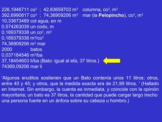 226,1946711 co3 ; 42,83659703 m3 columna, co3, m3
392,6990817 co3 ; 74,36909206 m3 mar (la Pelopincho), co3, m3
10,33673469 col agua, en m
0,574263039 un codo, m
0,189379338 un co3, m3
0,189379338 m3/co3
74,36909206 m3 mar
2000        batos
0,037184546 m3/ba
37,18454603 li/ba (Bato: igual al efa, 37 litros.)
74369,09206 mar li

'Algunos eruditos sostienen que un Bato contenía unos 11 litros; otros,
entre 40 y 45; y otros, que la medida exacta era de 21,99 litros. ' (Hallado
en Internet. Sin embargo, la cuenta es inmediata, y coincide con la opinión
mayoritaria; un bato es 37 litros, la cantidad que puede cargar largo trecho
una persona fuerte en un ánfora sobre su cabeza u hombro.)
 
