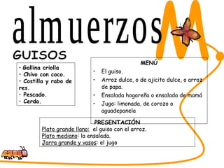 MENÚ El guiso.  Arroz dulce, o de ajicito dulce, o arroz de papa.  Ensalada hogareña o ensalada de mamá Jugo: limonada, de corozo o aguadepanela SABORES DEL CESAR M. GUISOS PRESENTACIÓN Plato grande llano:   el guiso con el arroz.  Plato mediano : la ensalada. Jarra grande y vasos : el jugo Gallina criolla Chivo con coco.  Costilla y rabo de res. Pescado. Cerdo. almuerzos 