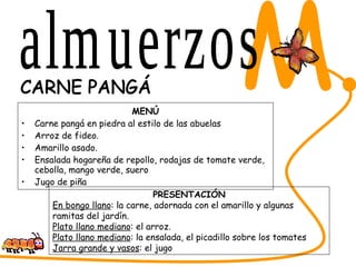 MENÚ Carne pangá en piedra al estilo de las abuelas Arroz de fideo. Amarillo asado. Ensalada hogareña de repollo, rodajas de tomate verde, cebolla, mango verde, suero Jugo de piña SABORES DEL CESAR M. CARNE PANGÁ PRESENTACIÓN En bongo llano : la carne, adornada con el amarillo y algunas ramitas del jardín. Plato llano mediano : el arroz. Plato llano mediano : la ensalada, el picadillo sobre los tomates Jarra grande y vasos : el jugo almuerzos 