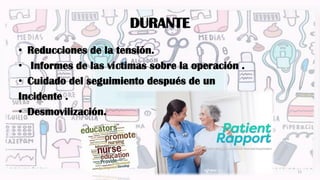 DURANTE
• Reducciones de la tensión.
• Informes de las víctimas sobre la operación .
• Cuidado del seguimiento después de un
Incidente .
• Desmovilización.
11
 