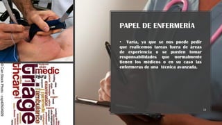 PAPEL DE ENFERMERÍA
13
• Varía, ya que se nos puede pedir
que realicemos tareas fuera de áreas
de experiencia o se pueden tomar
responsabilidades que normalmente
tienen los médicos o en su caso las
enfermeras de una técnica avanzada.
 