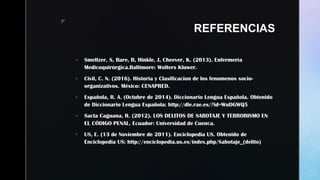 z
REFERENCIAS
 Smeltzer, S, Bare, B, Hinkle, J, Cheever, K. (2013). Enfermería
Medicoquirúrgica.Baltimore: Wolters Kluwer.
 Civil, C. N. (2016). Historia y Clasificacion de los fenomenos socio-
organizativos. México: CENAPRED.
 Española, R. A. (Octubre de 2014). Diccionario Lengua Española. Obtenido
de Diccionario Lengua Española: http://dle.rae.es/?id=WuDGWQ5
 Sacta Caguana, R. (2012). LOS DELITOS DE SABOTAJE Y TERRORISMO EN
EL CÓDIGO PENAL. Ecuador: Universidad de Cuenca.
 US, E. (13 de Noviembre de 2011). Enciclopedia US. Obtenido de
Enciclopedia US: http://enciclopedia.us.es/index.php/Sabotaje_(delito)
 