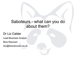 Saboteurs - what can you do
about them?
Dr Liz Calder
Lead Business Analyst
Blue Raccoon
lizc@blueraccoon.co.uk
 