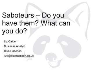 Saboteurs – Do you
have them? What can
you do?
Liz Calder
Business Analyst
Blue Raccoon
lizc@blueraccoon.co.uk
 