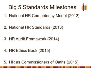 Big 5 Standards Milestones
1. National HR Competency Model (2012)
2. National HR Standards (2013)
3. HR Audit Framework (2014)
4. HR Ethics Book (2015)
5. HR as Commissioners of Oaths (2015)
 