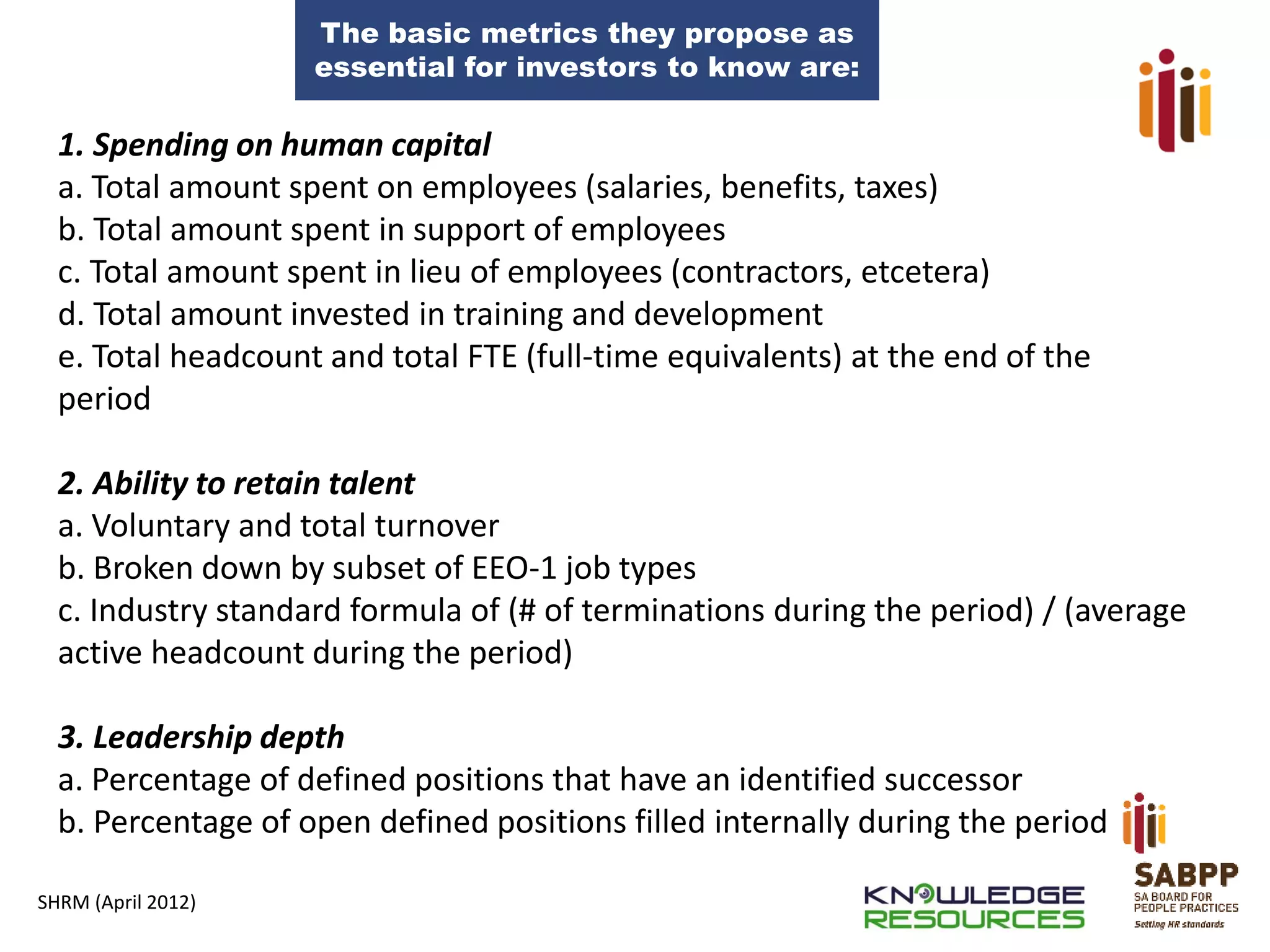The basic metrics they propose as
essential for investors to know are:

1. Spending on human capital
a. Total amount spent on employees (salaries, benefits, taxes)
b. Total amount spent in support of employees
c. Total amount spent in lieu of employees (contractors, etcetera)
d. Total amount invested in training and development
e. Total headcount and total FTE (full-time equivalents) at the end of the
period
2. Ability to retain talent
a. Voluntary and total turnover
b. Broken down by subset of EEO-1 job types
c. Industry standard formula of (# of terminations during the period) / (average
active headcount during the period)
3. Leadership depth
a. Percentage of defined positions that have an identified successor
b. Percentage of open defined positions filled internally during the period
SHRM (April 2012)

 