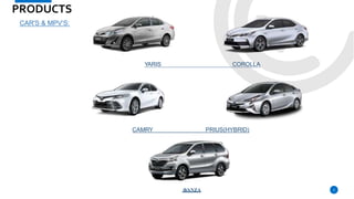 PRODUCTS
CAR'S & MPV’S:
YARIS COROLLA
CAMRY PRIUS(HYBRID)
A
V
ANZA 5
 