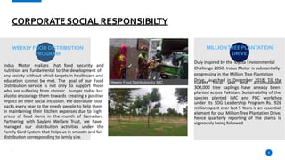 CORPORATESOCIAL RESPONSIBIL
TY
MILLIONTREE PLANTATION
DRIVE
Duly inspired by the Toyota Environmental
Challenge 2050, Indus Motor is substantially
progressing in the Million Tree Plantation
Drive, launched in December 2018. Till the
WEEKL
Y FOOD DISTRIBUTION
PROGRAM
Indus Motor realizes that food security and
nutrition are fundamental to the development of
any society without which targets in healthcare and
education cannot be met. The
Distribution service is not only
who are suffering from chronic
also to encourage them towards
goal of our Food
to support those
hunger today but
creating a positive
current fiscal year end, accumulatively
300,000 tree saplings have already been
planted across Pakistan. Sustainability of the
species planted IMC and PBC workshop
impact on their social inclusion. We distribute food
packs every year to the needy people to help them
in maintaining their kitchen expenses due to high
prices of food items in the month of Ramadan.
Partnering with Saylani Welfare Trust, we have
under its SDG Leadership Program Rs. 926
million spent over last 5 Years is an essential
element for our Million Tree Plantation Drive,
hence quarterly reporting of the plants is
vigorously being followed.
managed our distribution activities under the
Family Card System that helps us in smooth and fair
distribution corresponding to family size.
8
 