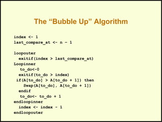 The “Bubble Up” Algorithm
index <- 1
last_compare_at <- n – 1
loopouter
exitif(index > last_compare_at)
Loopinner
to_do<-0
exitif(to_do > index)
if(A[to_do] > A[to_do + 1]) then
Swap(A[to_do], A[to_do + 1])
endif
to_do<- to_do + 1
endloopinner
index <- index - 1
endloopouter
 