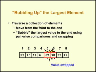 "Bubbling Up" the Largest Element
• Traverse a collection of elements
– Move from the front to the end
– “Bubble” the largest value to the end using
pair-wise comparisons and swapping
Swap
1 2 3 4 5 6 7 8
981445 6 67 3323 42
Value swapped
 